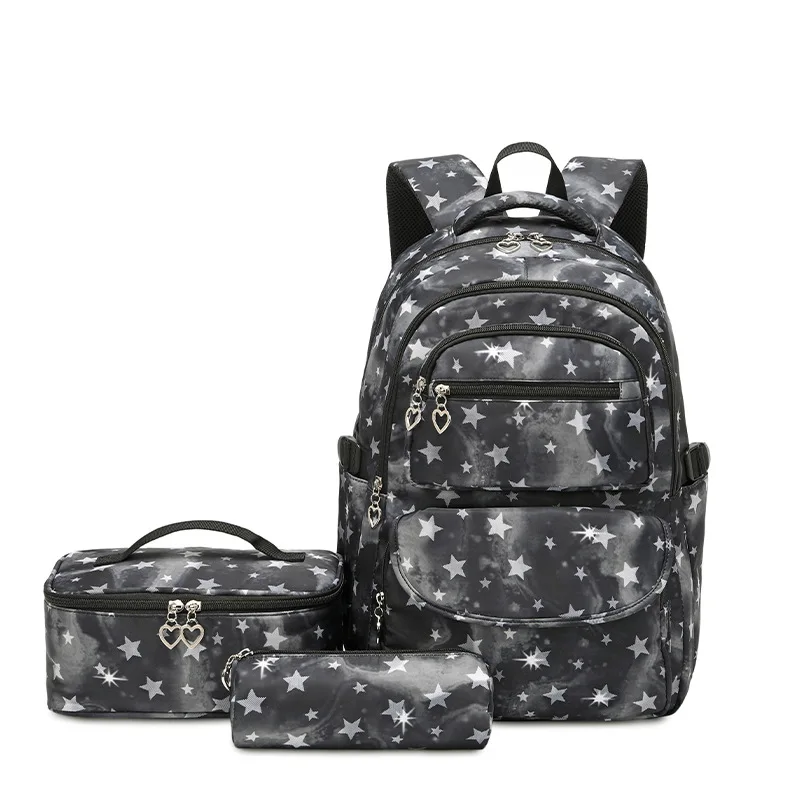 Cartoon star print girl school backpack children's schoolbag lunch box stationery box three-in-one multi-functional storage bag