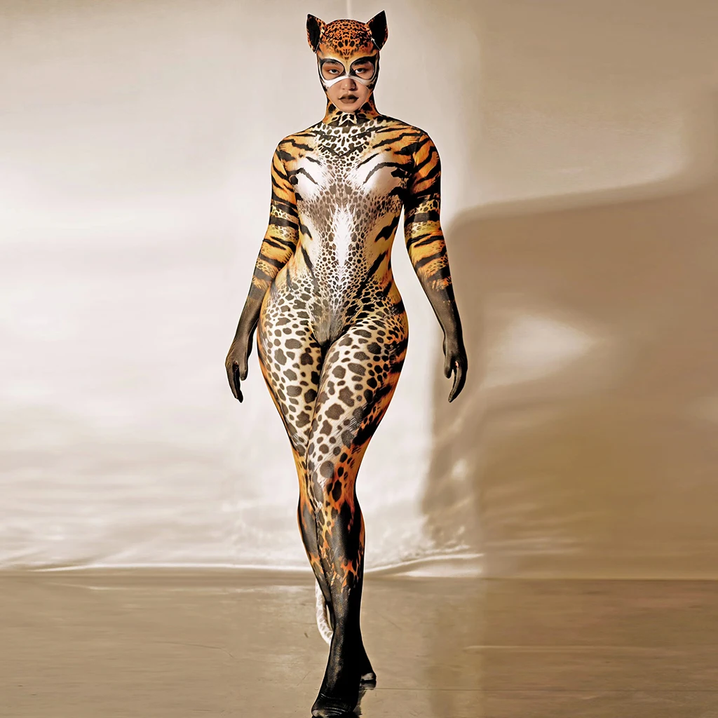 Tuta In Pizzo Leopardato Donna - Body Intero, Costume Da Gatto, Schiena Scoperta - Foto 2