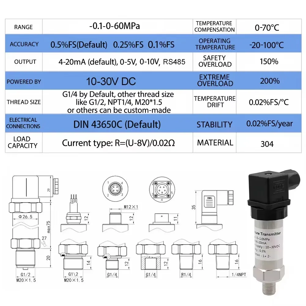 4-20mA 0-5V 0-10V Output -1-0bar 0-1bar G1/4 Vacuum Pressure Transmitter Transdu