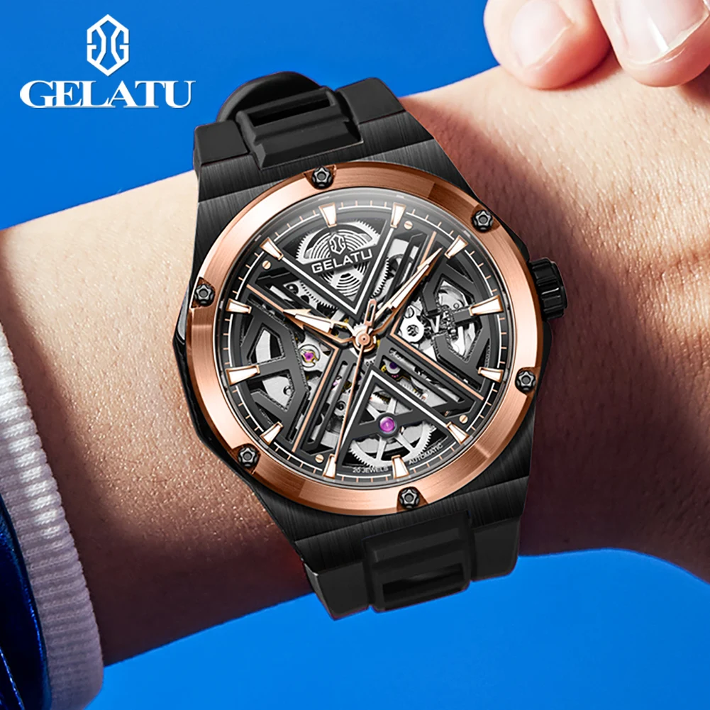GELATU 6006 Automatic Watch For Men Original Deep Waterproof Man Mechanical Wristwatch Hollow Skeleton Sapphire Mirror Men Watch