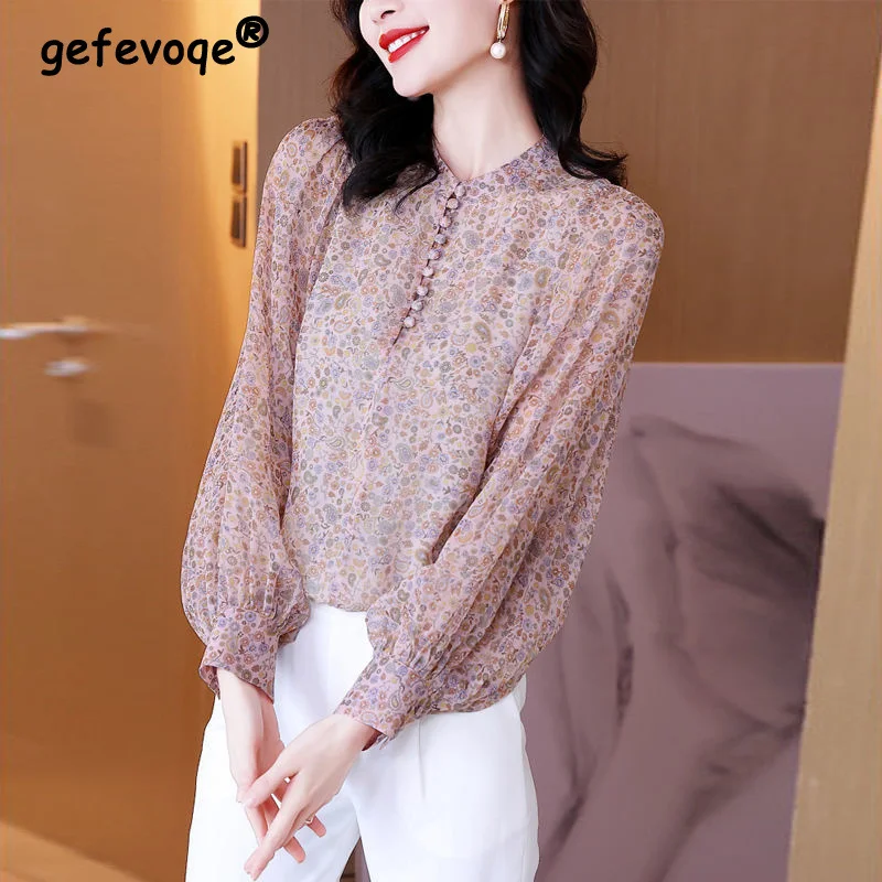 Elegant Floral Print Button Blouse - Casual Lantern Sleeve Top main image 0