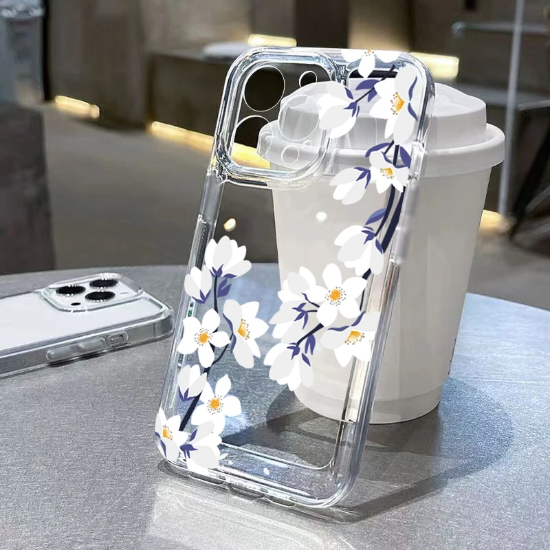 Phone Case For iPhone 16 15 Pro Max 14 13 12 11 16E XS X XR 7 8 Plus SE2 Small Chrysanthemum Flowers Pattern Transparent Cover 2
