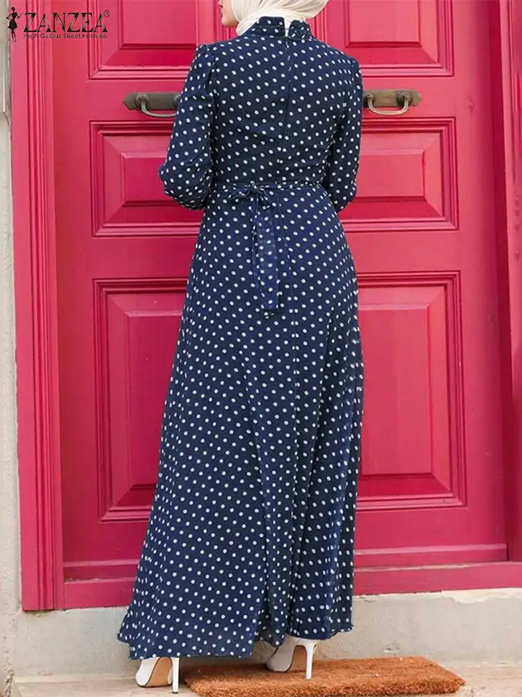 Fashion Muslim Sleeve Women Dress Casual Spring Abaya Robe Ladies O-neck Polka Dot Printed Sundress Islamic Clothing - Dresses - AliExpress