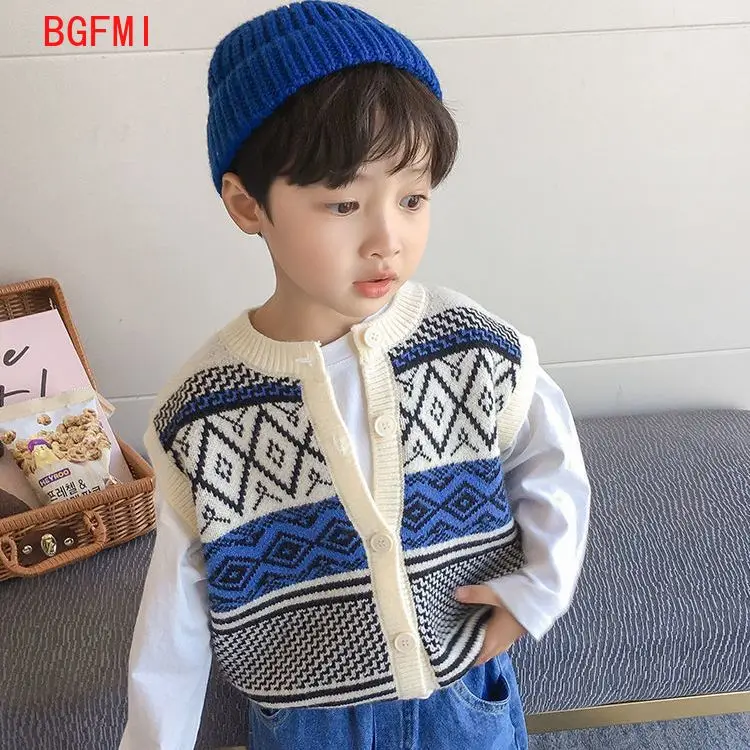 1-10Y 어린이 싱글 브레스트 조끼 스웨터 코튼 조끼 소년 민소매 스웨터 키즈 소년 o-넥 풀오버 뜨개질 조끼 코트