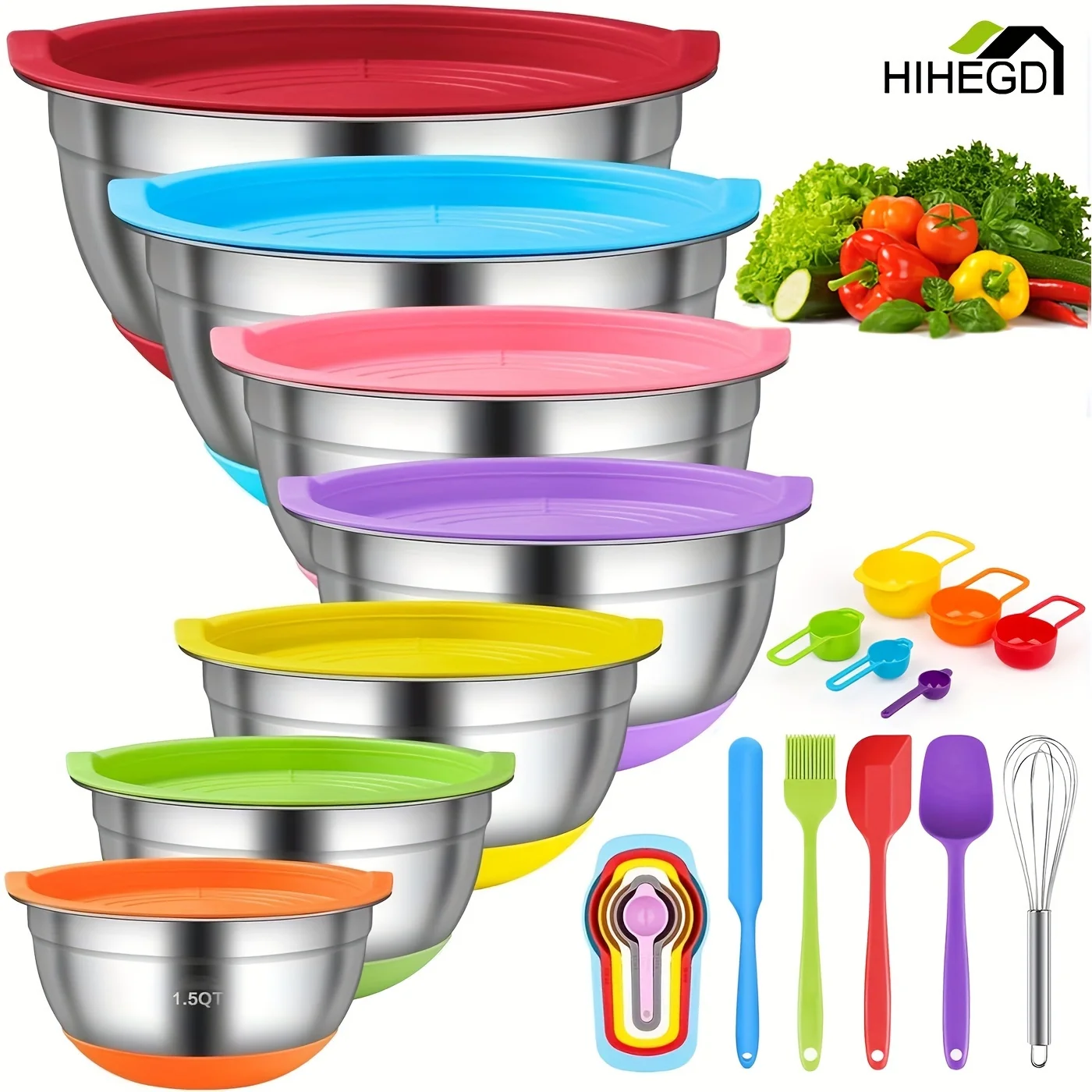 

18pcs, Mixing Bowls With Airtight Lids, Stainless Steel Nesting Colorful Mixing Bowls Set With Non-slip Silicone Bottom, Size 7,