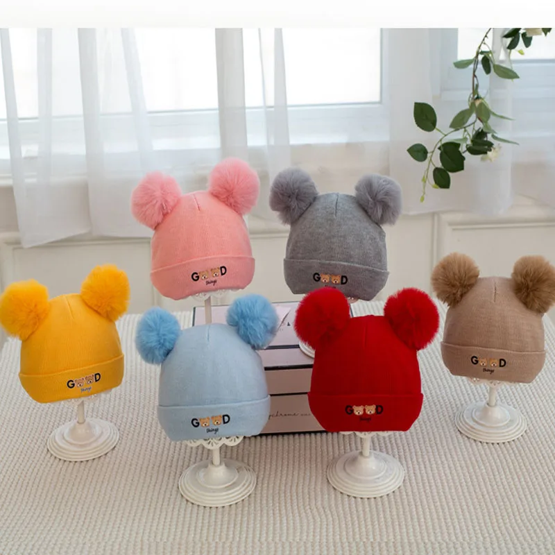 

Baby Hat Solid Color Boy Girl Cartoon Bear Embroidery Winter Kids Knitted Hats Children Warm Beanies Child Caps For Babies