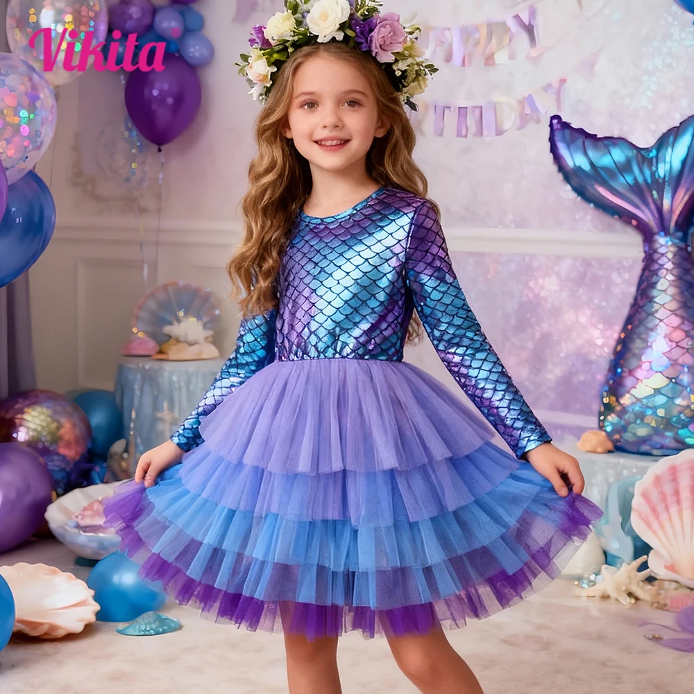 VIKITA filles robe imprimée sirène enfants couches maille Tulle gâteau robe de bal Tutu robes fille fête Performance robe de princesse 3-12Y