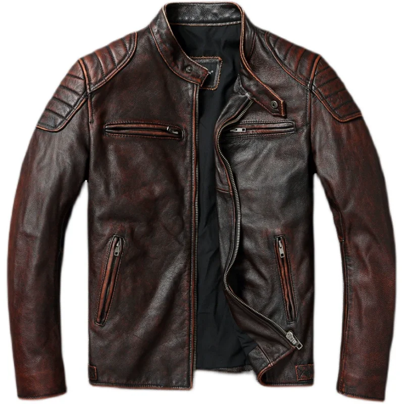 

Vintage Red Brown Men Leather Jacket 100% Cowhide Jackets Slim Fit Soft Skin Coat Autumn Jaqueta Masculina De Couro