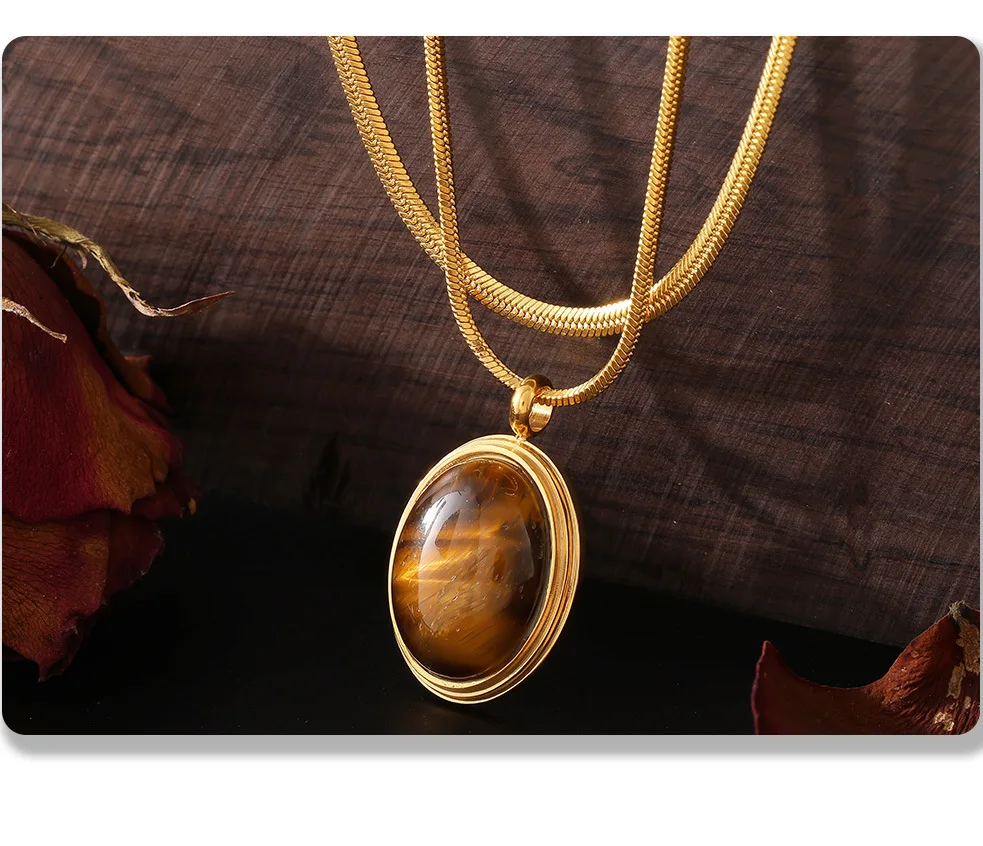 Frauen ovale Perlen Anhänger Edelstahl Halskette Natur Tigerauge Steine vergoldet Luxus Schlüsselbein Kette Schmuck Geschenk – Detail 5