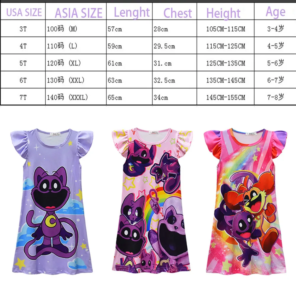 NEW Smiling Critters Summer Kids Girls Dress Night Nightgown Girl Catnap Cosplay Pajamas T-Shirt Long Nighty Children Clothing