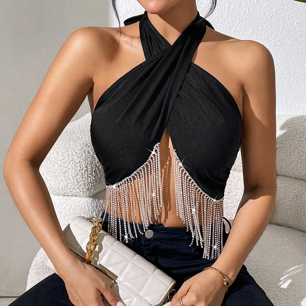 Women's Sexy Lace Up Chest Hugging Backless Top with Solid Color Tassel Chain Vest