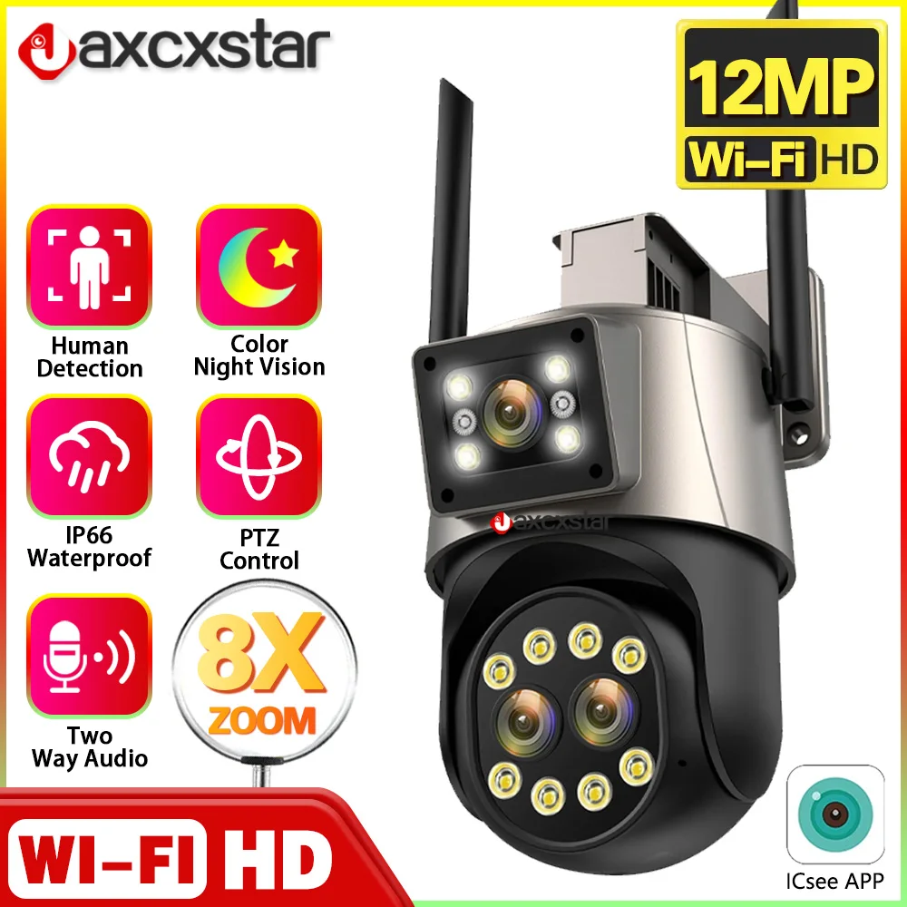 

360 Wireless Outdoor 6K 12MP WiFi Security Camera ICSee Smart Three Lens 8X Zoom Video Surveillance IP Camera CCTV Auto Tracking