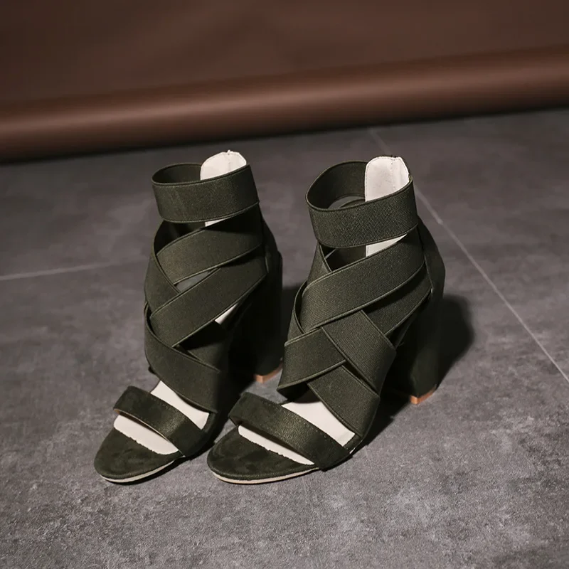 

Spring New European and American Fashion Outwear Fish Mouth High Heel Elastic Suede Elastic Thick Heel Roman Sandals