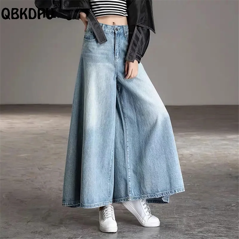 Super Loose Culotte Wash Vintage Wide Leg Jeans Women Design Oversize High Waist Denim Pantalones 95cm Korean Baggy Skirt Pants houzhou vintage jumpsuit women jeans embroidery harajuku wide leg denim pants autumn baggy oversize overalls korean style female