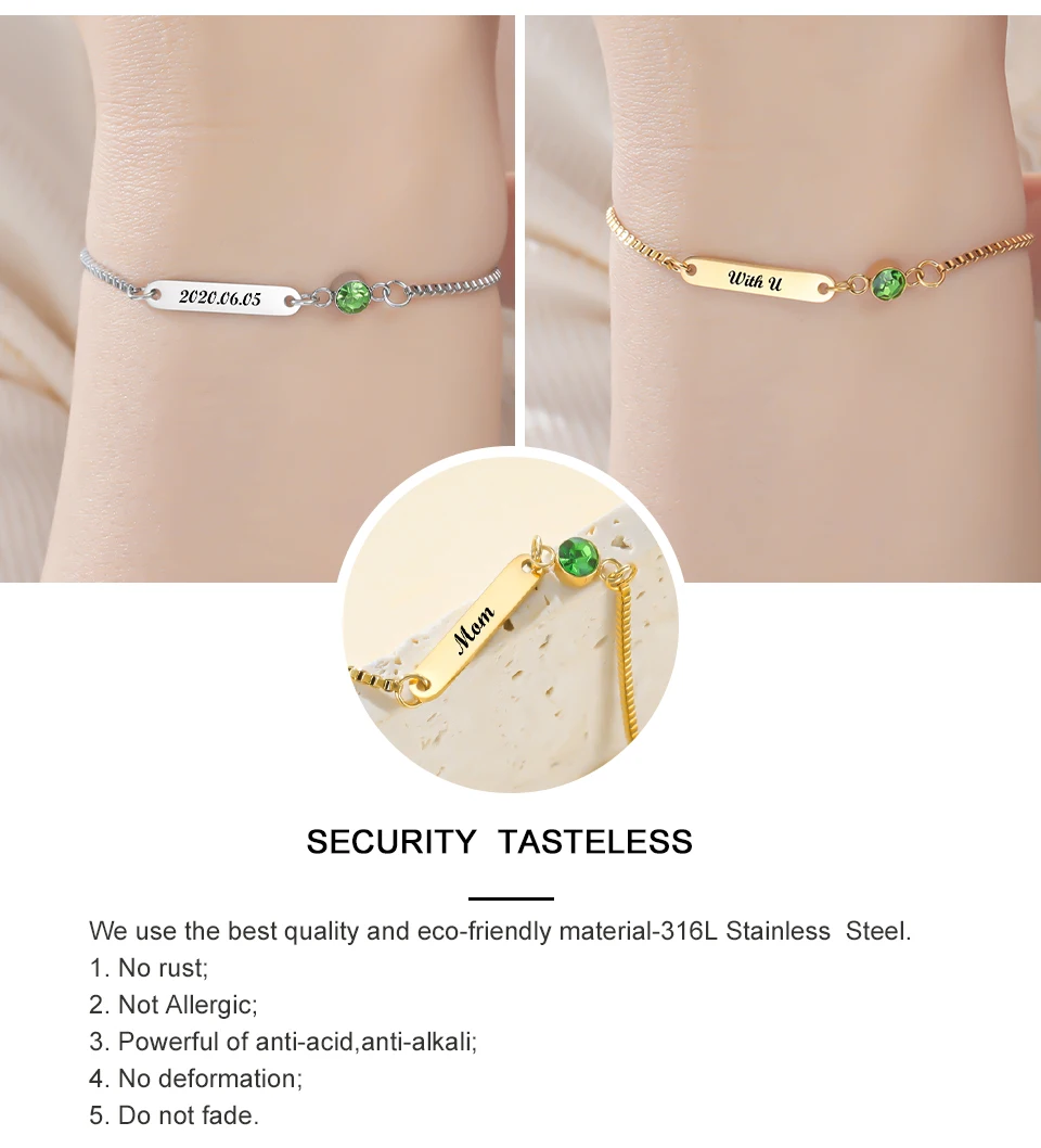 Personalised Engraved Name Bracelet Stainless Steel Bar Jewellery_voghion.com