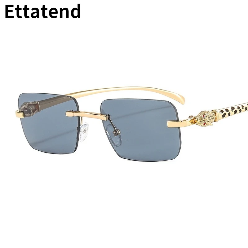 Gafas de sol cuadradas pequeñas sin montura para hombre y mujer, lentes de sol de diseño de lujo con cabeza de leopardo de Metal, de marca Vintage| | -