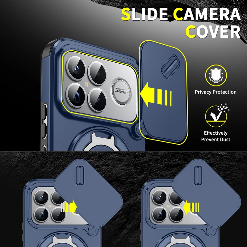 Magnetic Dropproof Rotatable Ring Stand Slide Camera Back Cover with Soft TPU - ELVEV Series