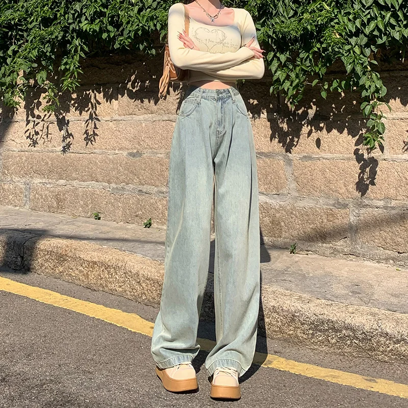 라이트 블루 넓은 다리 청바지 여성 느슨한 스트레이트 봄 새로운 높은 허리 주름 캐주얼 부드러운 드레이프 향수 걸레