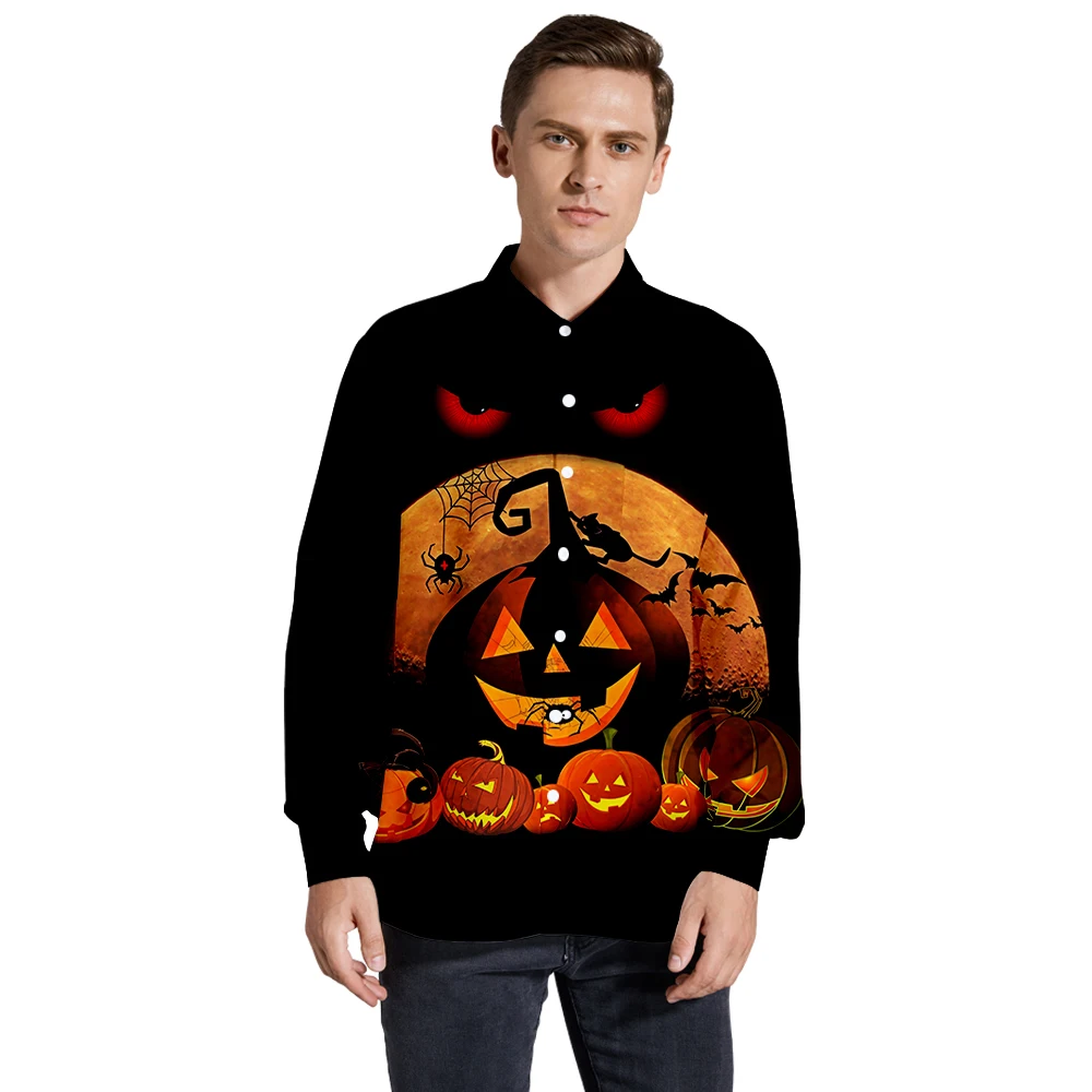 

Men's Halloween Pumpkin Long Sleeve Shirts Autumn Korean Shirt Woman Fashion Casual Oversize Shirt Printed Clothing 3