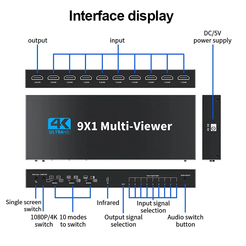 4K 9x1 HDMI Multi-viewer switcher Seamless 9 Screen Real Time HDMI Multi Viewer Screen Splitter 9 in 1 out Switch Adapter 1x9 video wall processor hdmi multi viewer