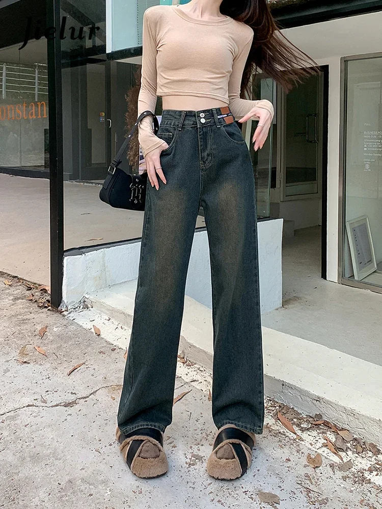 Jielur New High Waist Slim Chic Straight Jeans Female Casual Loose Fashion Street Women Jeans Simple Basic Autumn Pants Woman
