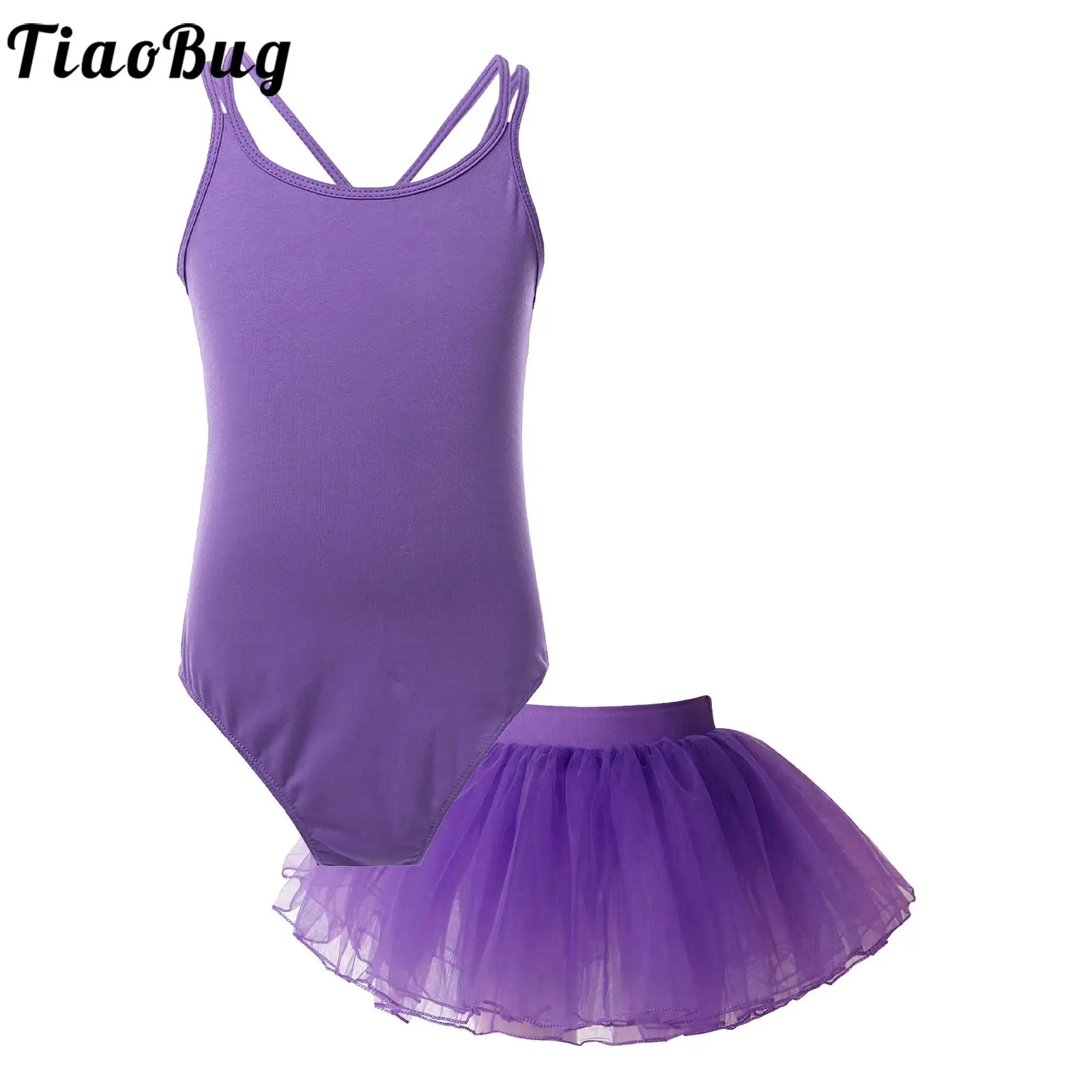 

Kids Girls Ballet Dance Sleeveless Crisscross Strappy Back Leotard with Elastic Waistband Tutu Performance Layered Skirt