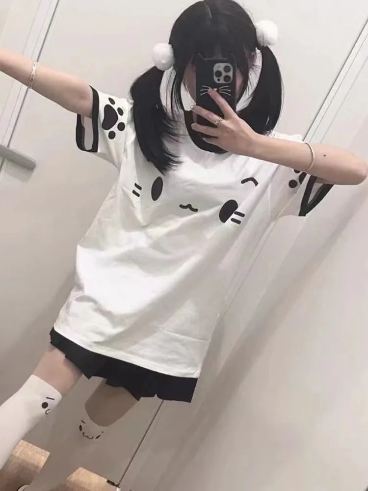 HOUZHOU Kawaii Sweet Patchwork T Shirts Women Japanese Fashion Y2k Harajuku Cute Cartoon Print Loose Tees Top Soft Gril 2024