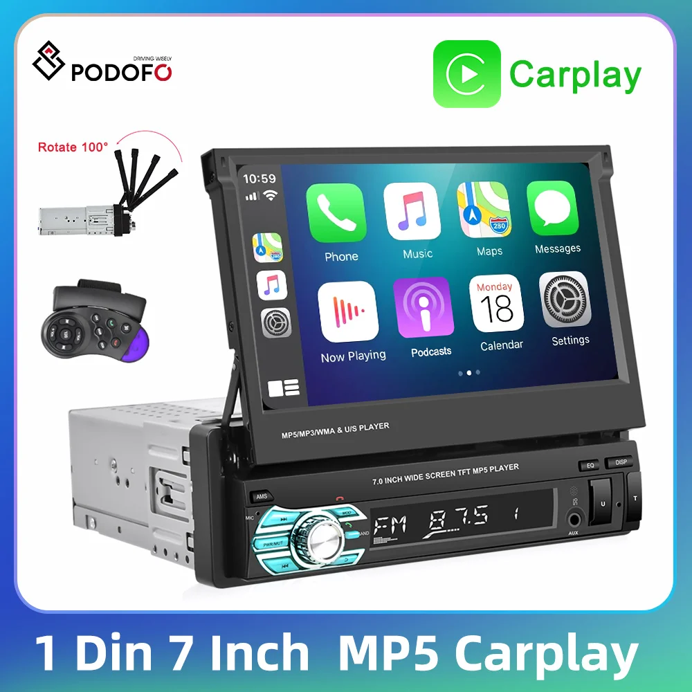 Podofo Carplay 1 Din Autoradio 7 ''Android Auto Mirrorlink Radio Stereo Volante Ricevitore Fm Remoto Schermo Retrattile Bt