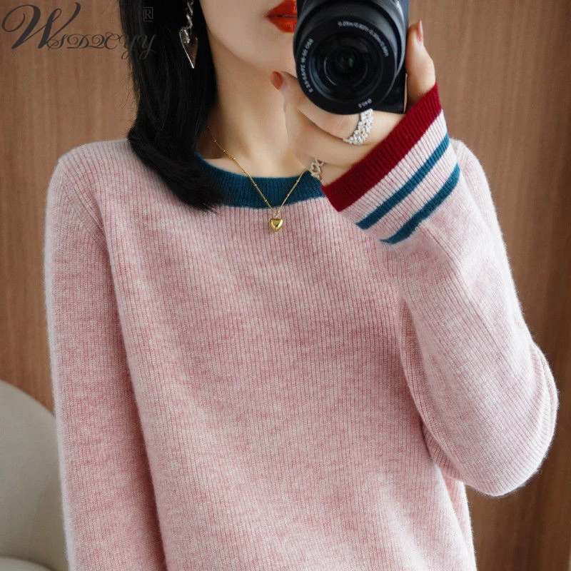 

Women Casual Sweater 2024 Spring Autumn Bottoming Knitwear Pullover Korean Style Soft Colors Patchwork Long Sleeve Knitted Top