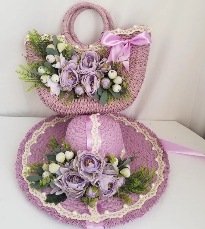 

Casual Hollow Out Round Bag Handmade Straw Bags for Women Large Capacity Flower Handbag with Sun Hat Fashion Travel Beach Bag