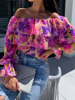 Women's Off Shoulder Floral Print Blouse with Tiered Ruffles and Long Bell Sleeves for Summer Party Wear 1