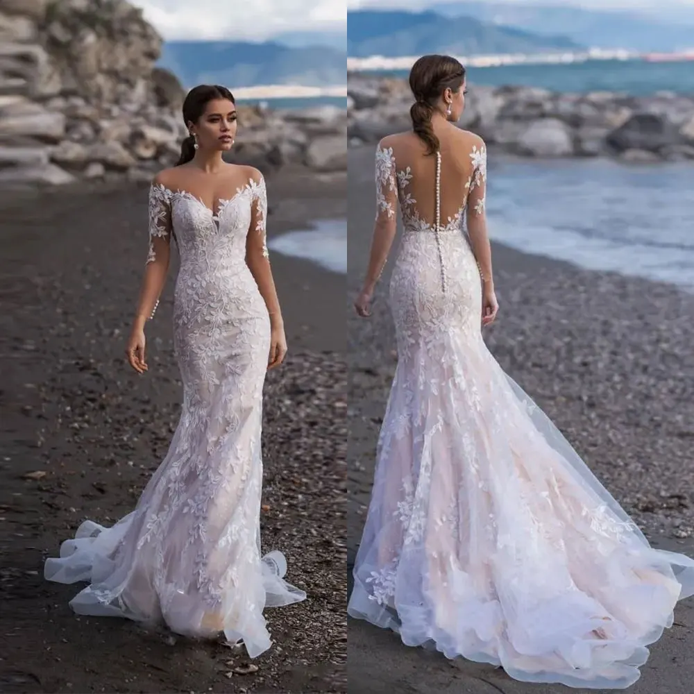 

Summer Beach Wedding Dresses Mermaid Lace Appliqued Sweep Train Wed Gowns Bridal Marriage vestido de novia Brautkleider 2024