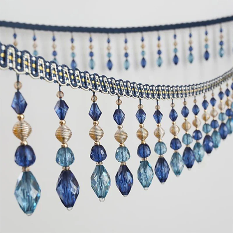 1M Crystal Glass Beaded Lace Fringe Trim Polyester Webbing Tassel Curtain Trims DIY Wedding Decor Crafts Upholstery Accessories