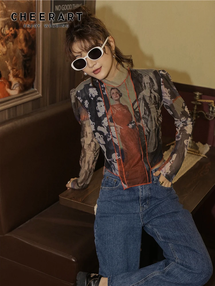 

Винтажный сетчатый топ CHEERART, женская модная блузка с длинным рукавом, Асимметричный топ и блузки, Лоскутная водолазка, топ с высоким воротником