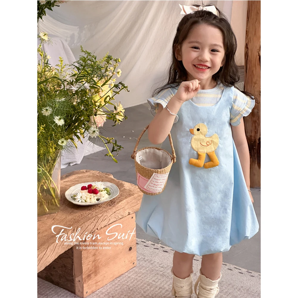 

2pcs Girls Dress Sets Contrast Color Striped Flying Sleeve Soft T-Shirt+Sleeveless Suspender A-Line Bubble Dress 2-8Y Child Suit