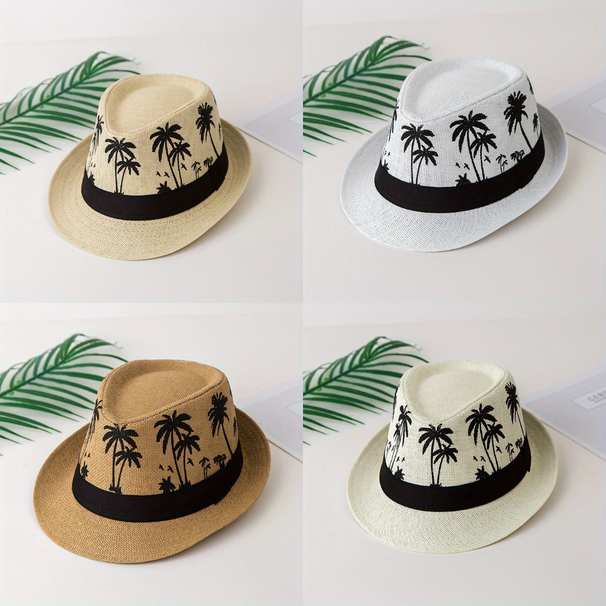 

Breathable Print Coconut Trees Hollow Straw Fisherman Hat Woven Bowler Hat Fashion Jazz Cap Outdoor Sport Cycling Travel Sun Hat