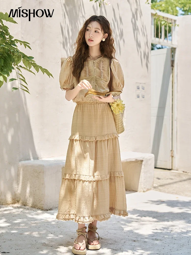 MISHOW French Vintage Chiffon Shirt+Midi Skirt Separately 2023 Summer Puff Sleeve Top Ruffles Elastic Waist Skirt Set MXC33X0069