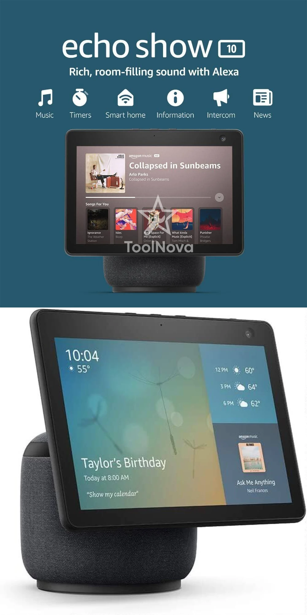 Echo Show 10 trzeciej generacji, smart speaker z wyświetlaczem o wysokiej rozdzielczości i sterowaniem głosowym Alexa.