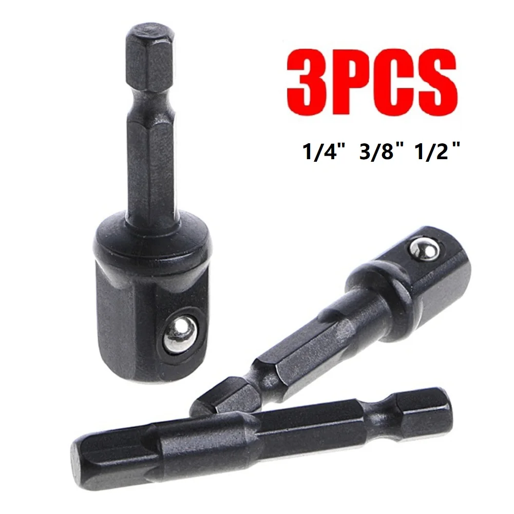 3Pcs Impact Socket Adapter 1/4 3/8 1/2 Inch Nut Driver Sockets Hex Shank Extension For Screwdriver Handle Tool