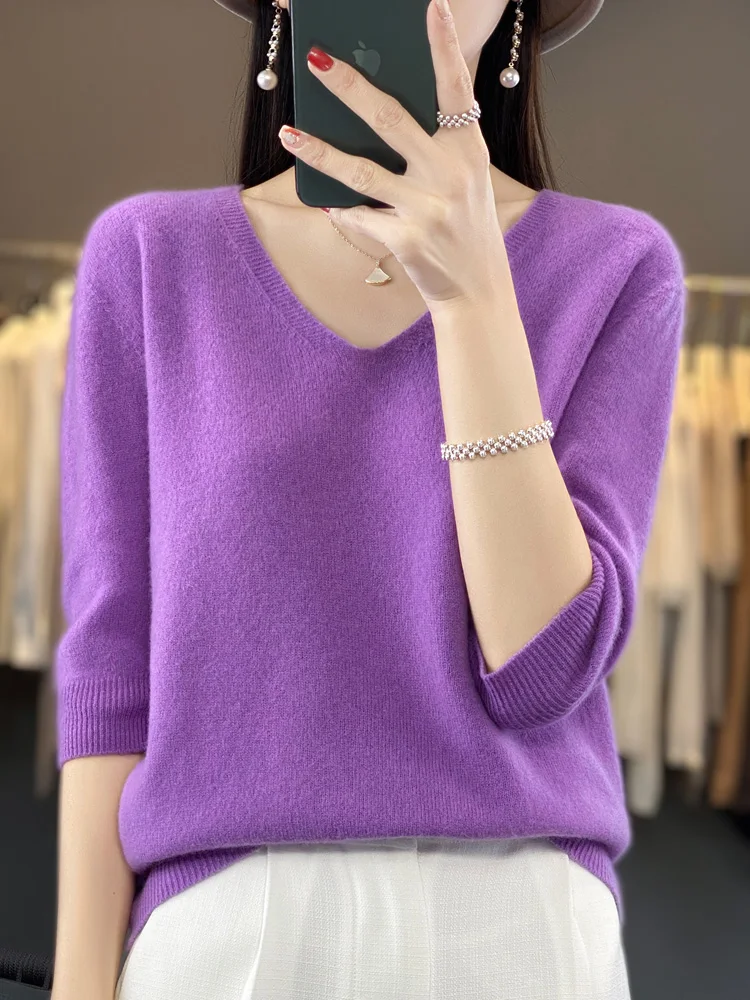 

Short Sleeve Women Sweater Pullover New Fashion 100% Merino Wool Basic Tops V-Neck Spring Sumer Autumn Jumper Knitwear Clothing
