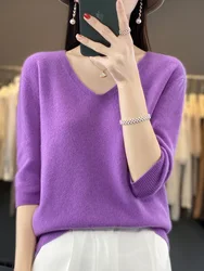 Short Sleeve Women Sweater Pullover New Fashion 100% Merino Wool Basic Tops V-Neck Spring Sumer Autumn Jumper Knitwear Clothing