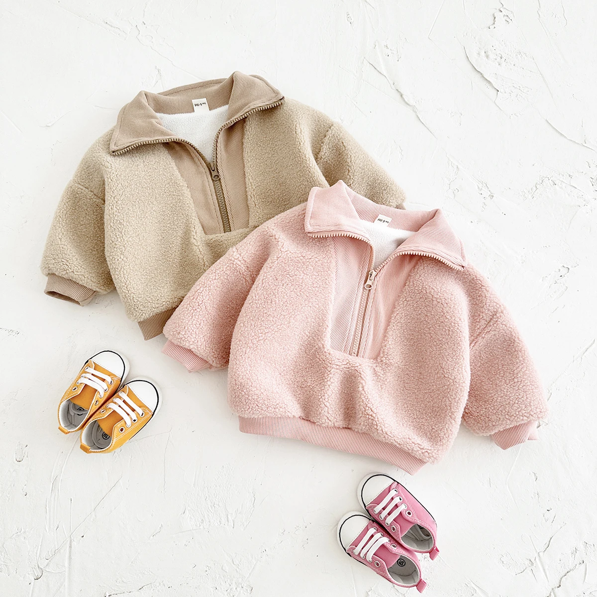 Korean Baby Boys Girls Coat Lamb Wool Warm Winter Thicken Half-Zip Fleece Jacket Solid Colour 0-3Y Toddler Top