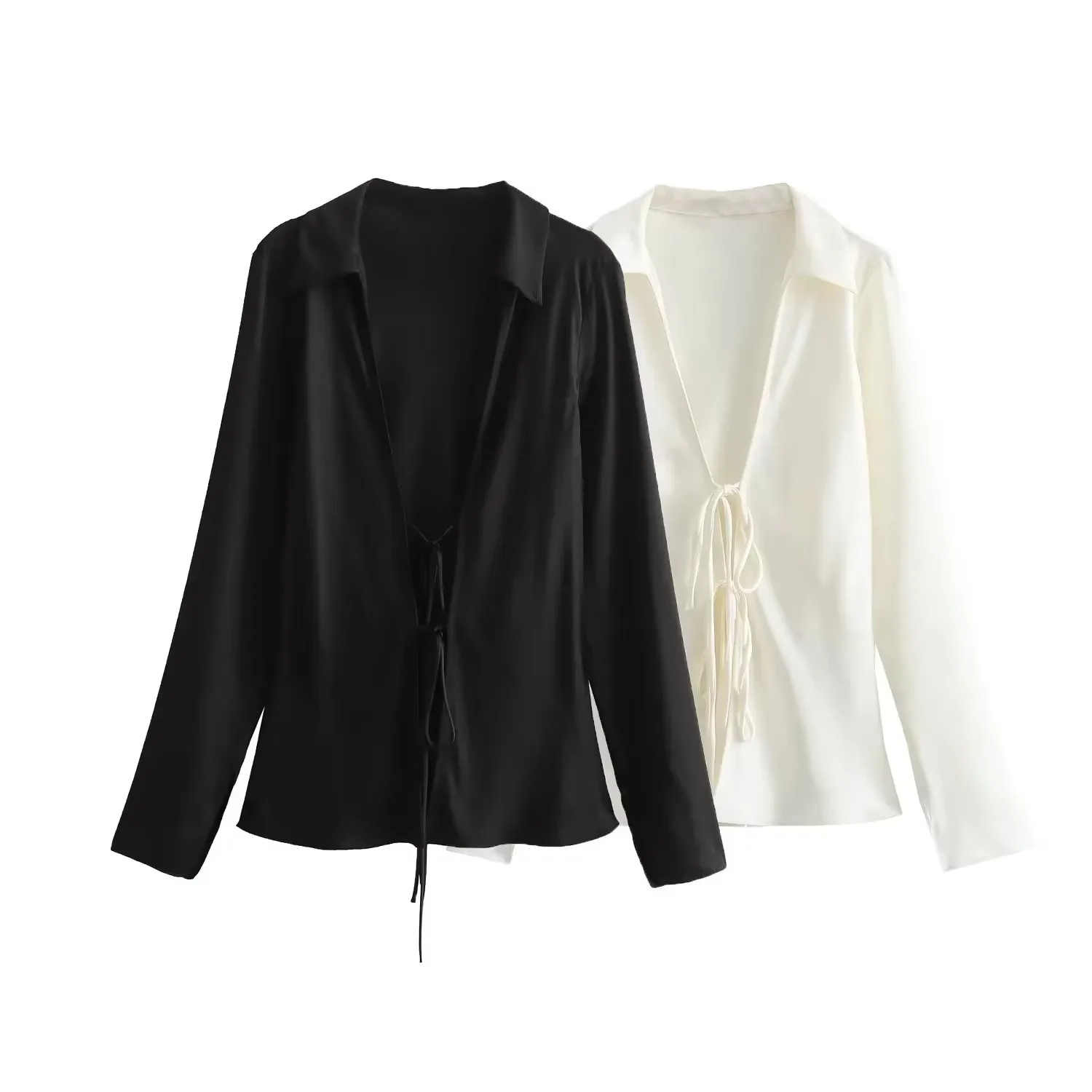 HH Women Fashion Long Sleeve Tie-Up V-Neck Bow Blouse Street Clothing 2024 Spring New Satin Shirt Chic Ladies Tops Mujer