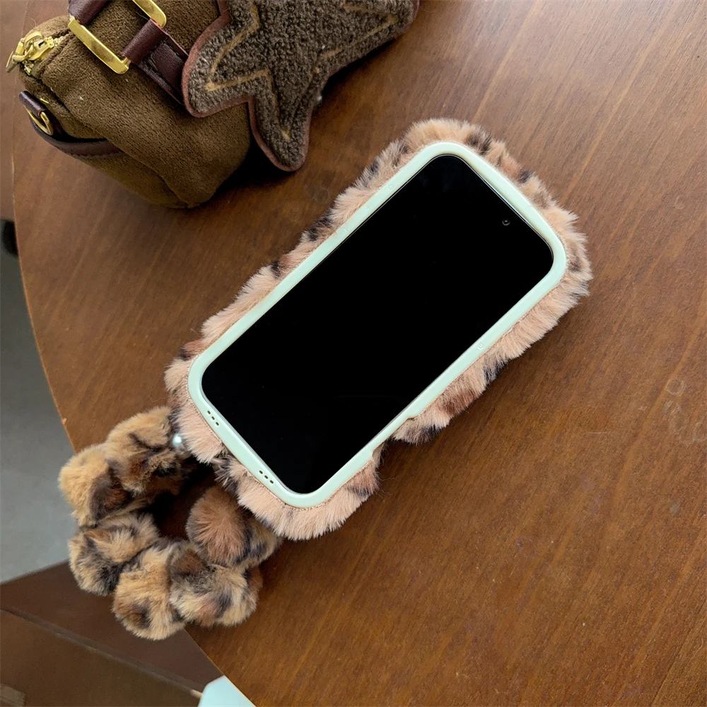 Chic Leopard Print Shockproof Furry Phone Case with Candy Colors