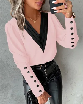 Office Ladies V-neck Button Shirt Blouse Spring Autumn Fashion Color Matching Long Sleeve Shirts For Women 2024 White Tops Femme 1