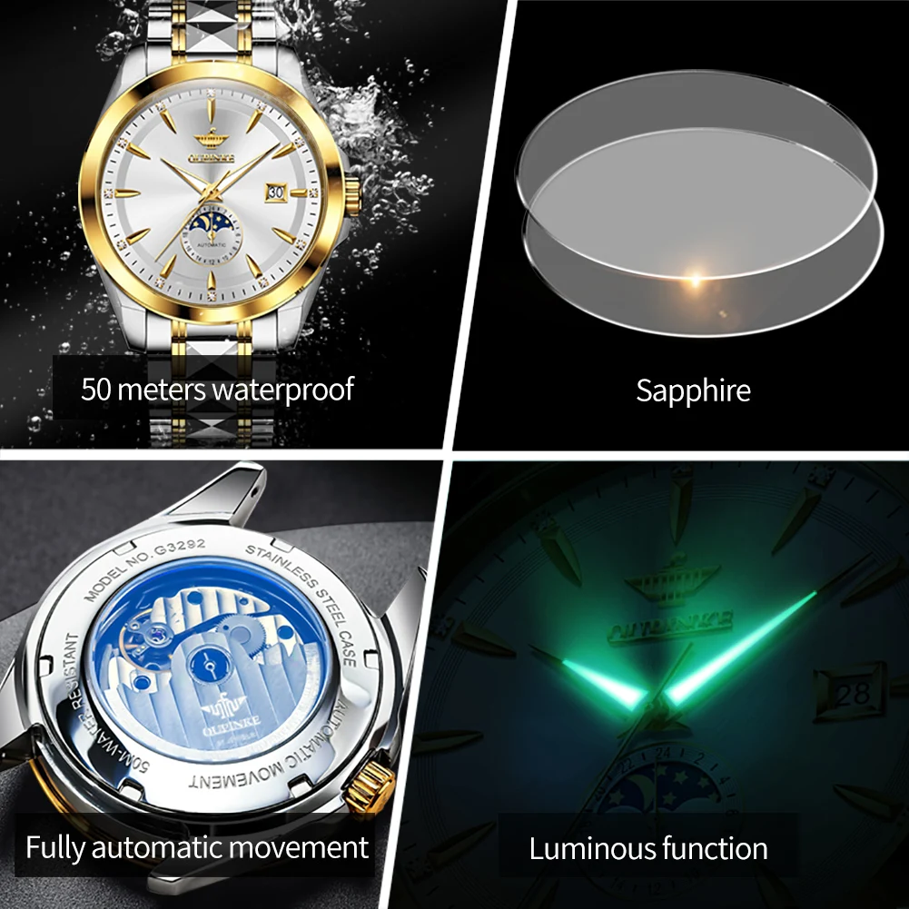 OUPINKE 3292 Moon Phase Luxury Original Men's Watches Fully Automatic Mechanical Watch 50m Waterproof Sapphire Top Watch for Man