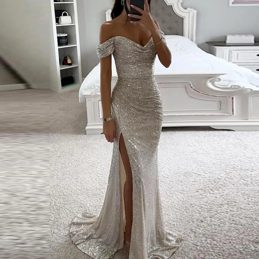 

Solid Color Long Sleeve Dress Elegant Sequin V-neck Maxi Dress for Evening Party Prom Women's Vintage Off Shoulder Slim Sexy