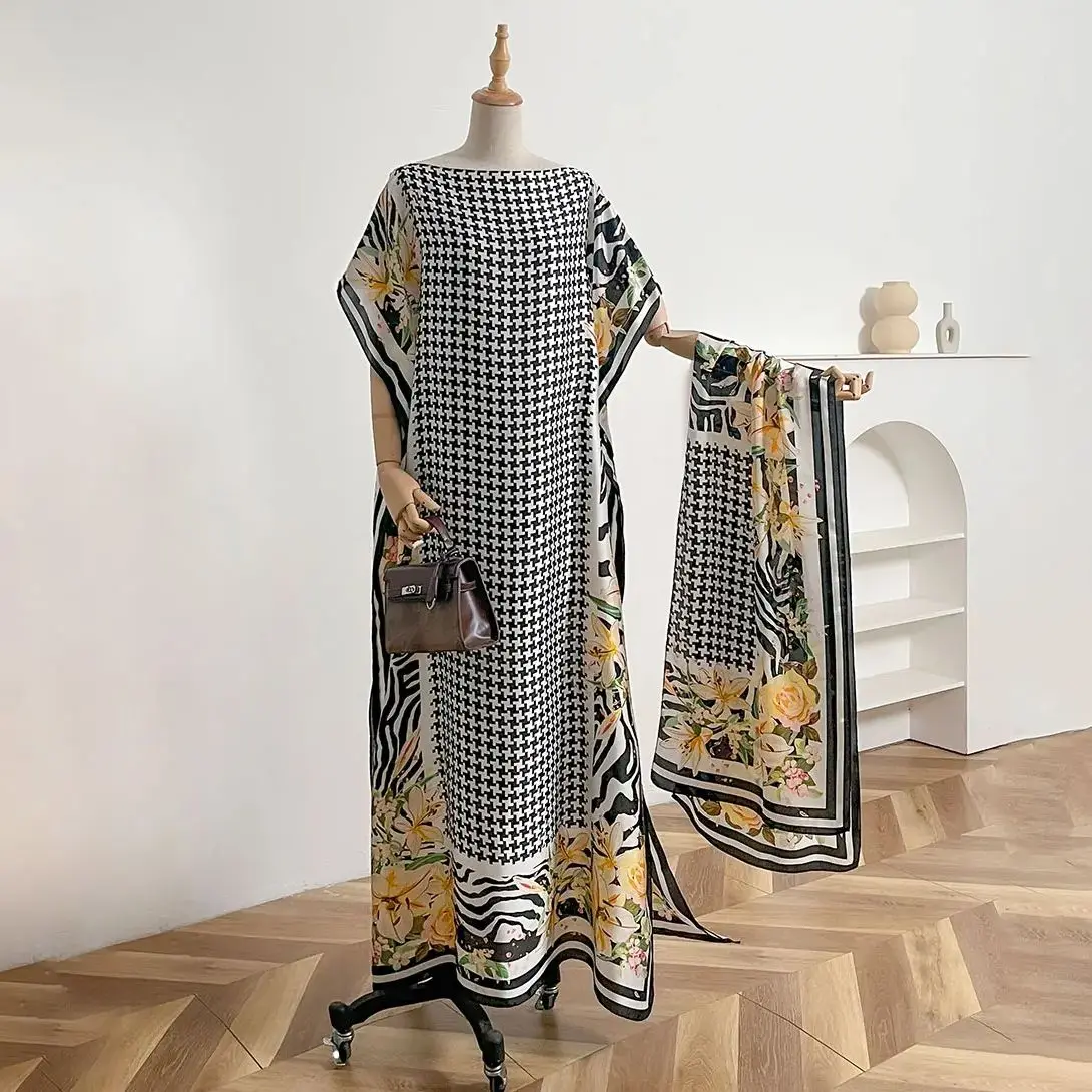 New 2025 Dubai Abaya For Women Summer Short Sleeve Cotton Dress Gold Stamping Loose Lady Maxi Islam African Dress With Big Scarf