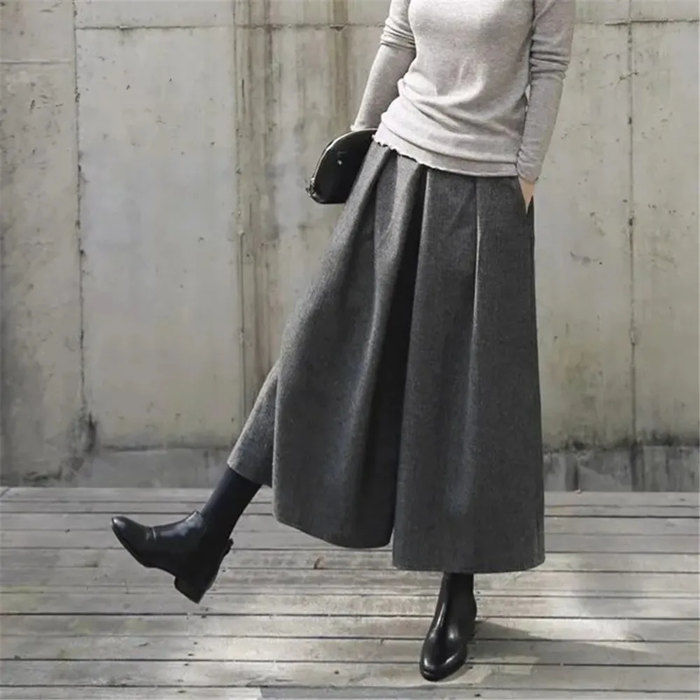 Gonne larghe in lana a gamba larga pantaloni da donna pantaloni Casual pieghettati pantaloni dritti autunnali invernali pantaloni elastici a vita alta con gamba grassa 1
