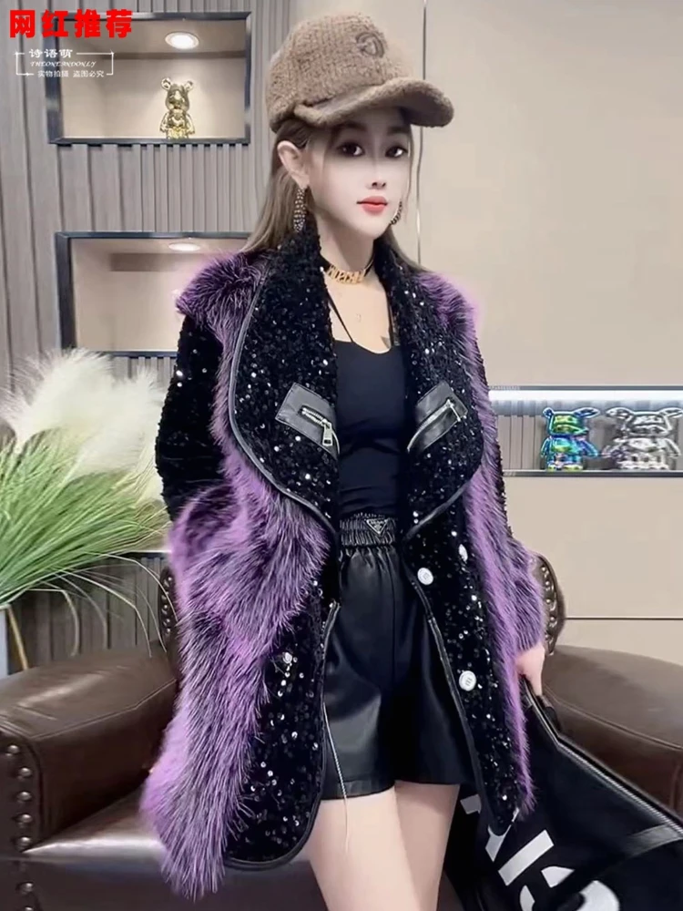European Winter New Fashion Fur Stitching Double Face Wool Leather Mid-Length Coat Women's Heavy Sequins Long Sleeve Jackets